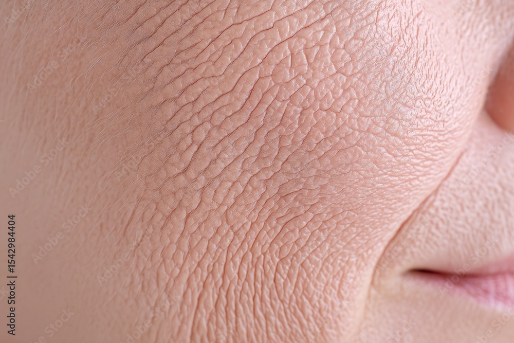 Fototapeta premium This Macro Shot Effectively Captures the Intricate Details of Uneven Facial Skin Texture, Emphasizing How Both Age and Environmental Factors Have Influenced the Condition of the Skin