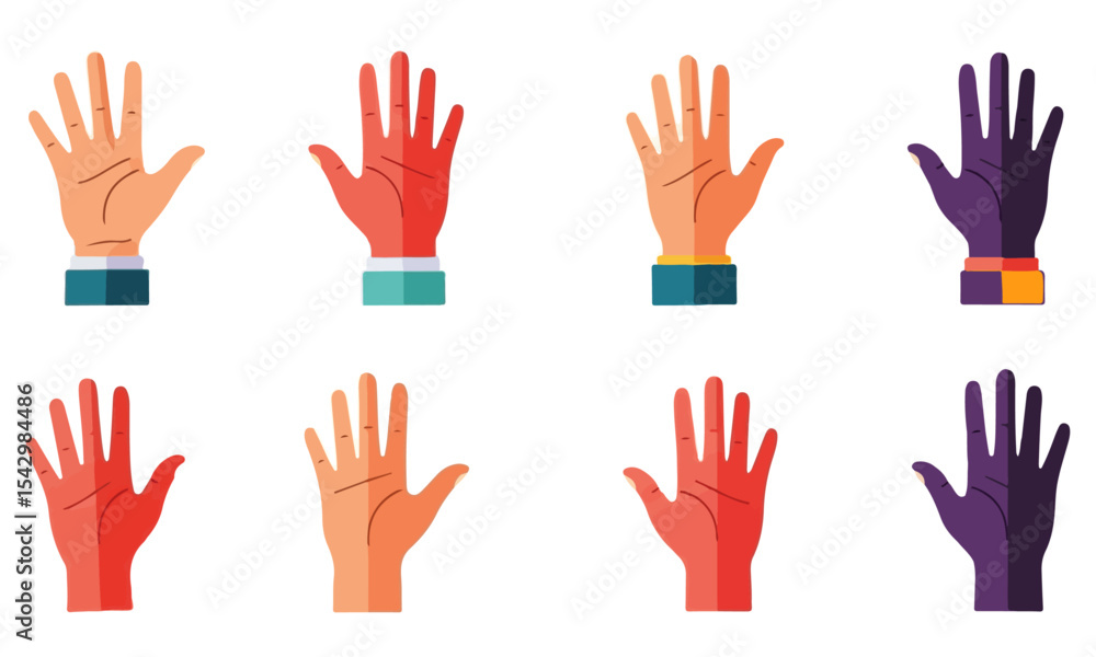 Open Hands with Varied Skin Tones, flat design vector icons displaying open hands with splayed fingers, featuring diverse skin tones and some with colored cuffs, Open Hands with Varied Skin Tones, flat design vector icons displaying open hands with splayed fingers, featuring diverse skin tones and some with colored cuffs,