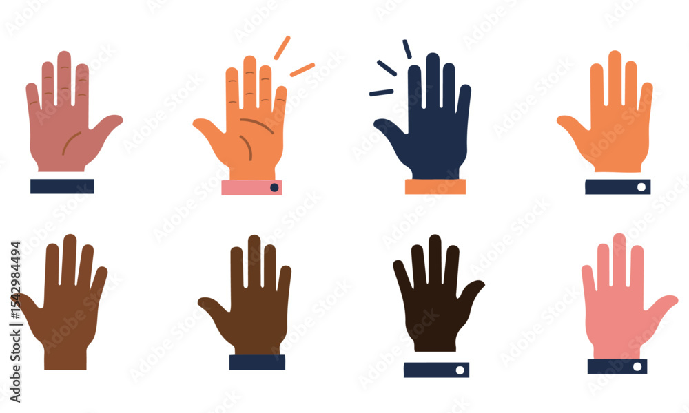 Diverse Hands with Communication and Emphasis Gestures, flat design vector icons displaying various hands with open palms and splayed fingers, featuring diverse skin tones Diverse Hands with Communication and Emphasis Gestures, flat design vector icons displaying various hands with open palms and splayed fingers, featuring diverse skin tones