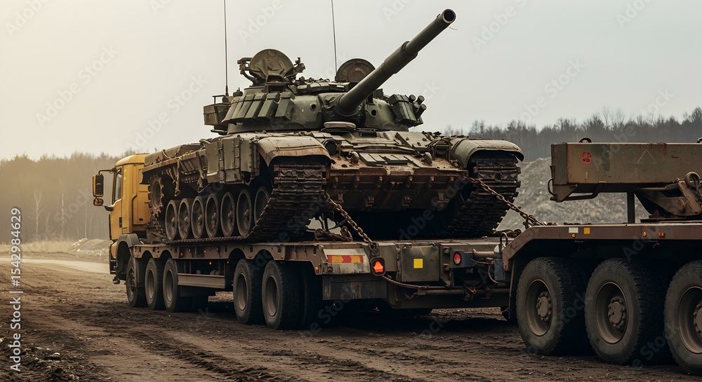 Fototapeta premium Armored battle tank secured on desert road trailer for convoy movement