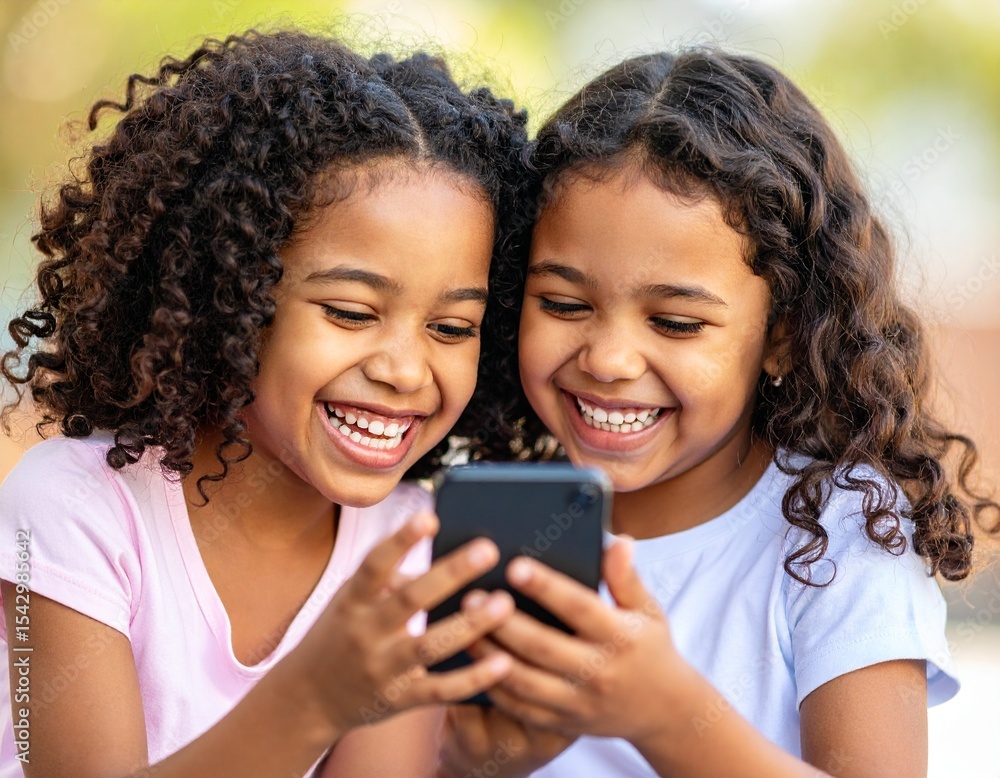 Two girls laughing at mobile phone. Kids Sharing a Smartphone – Candid Childhood Moment Two girls laughing at mobile phone. Kids Sharing a Smartphone – Candid Childhood Moment