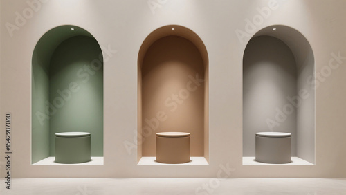 Three arched niches with cylindrical pedestals in green beige and gray against a white wall