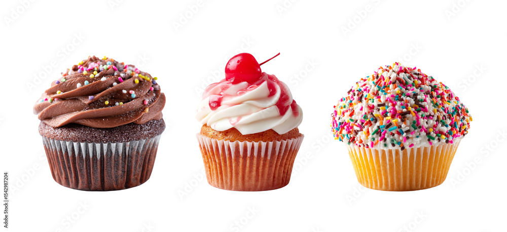 Set of various flavor cupcakes with chocolate, whipped cream berry sauce and sugar sprinkles vanilla cupcake, for dessert on transparent background. Set of various flavor cupcakes with chocolate, whipped cream berry sauce and sugar sprinkles vanilla cupcake, for dessert on transparent background.