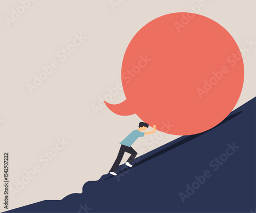 Man struggling to push speech bubble in steep mountain slope, communication burden illustration