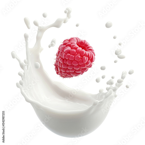 Raspberry Falling Into White Splash of Milk on Isolated Background