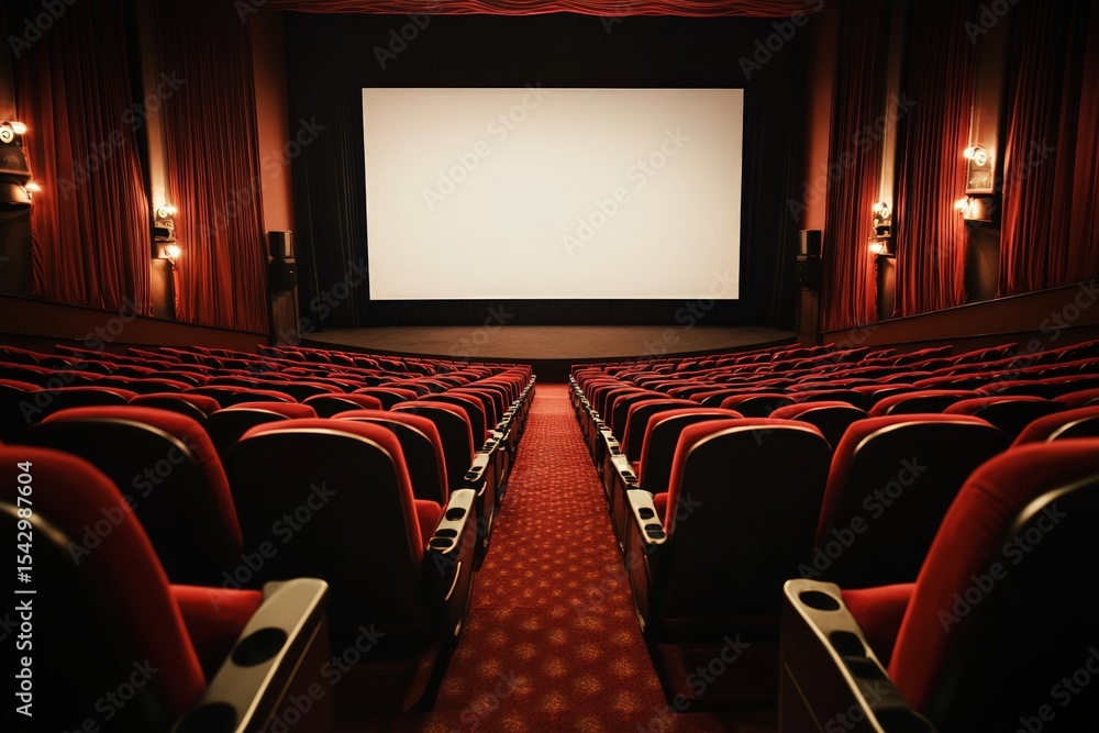 Empty Movie Theater With Red Seats And Projection Screen