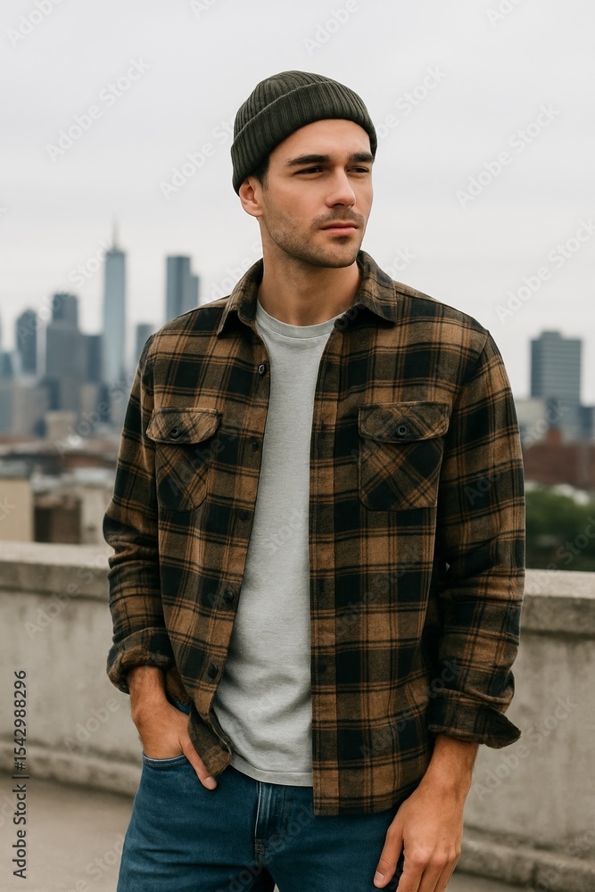 Obraz premium Young Man in Plaid Shirt and Beanie Standing on Urban Rooftop with City Skyline