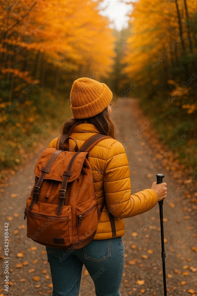 Naklejka premium Woman hiking on forest trail in autumn, wearing yellow jacket and beanie, surrounded by vibrant fall foliage