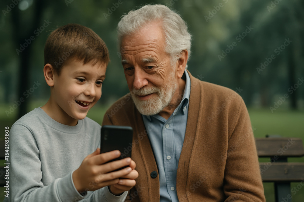 Elderly man and young boy enjoying smartphone together on park bench. Unexpected Friendship concept Elderly man and young boy enjoying smartphone together on park bench. Unexpected Friendship concept
