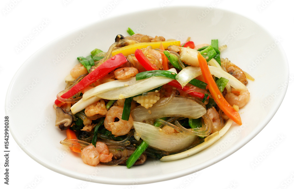 Stir-Fried Korean Glass Noodles with Seafood and Vegetables Stir-Fried Korean Glass Noodles with Seafood and Vegetables