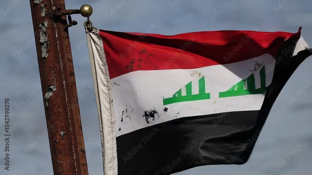 Torn Iraq Flag Black ink Stained And Deformed By Heat Waves Through Torn Iraq Flag Black ink Stained And Deformed By Heat Waves Through