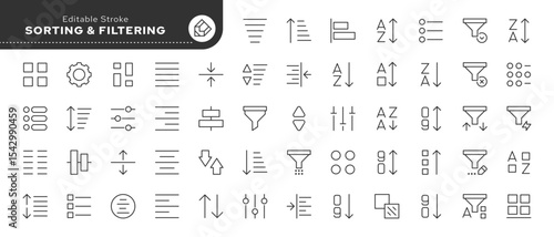 Sorting and filtering line icon set. Filter, sort, data, pattern, order, structure, digital management, processing, template and more. Outline icon in linear style. Vector collection.	