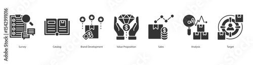 Brand Development banner web icon set vector illustration concept with icon of survey, catalog, brand development, value proposition, sales, analysis, target