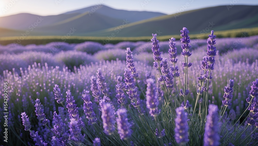 Obraz premium Lavender Field Blooming with Mountain Backdrop at Sunrise or Sunset