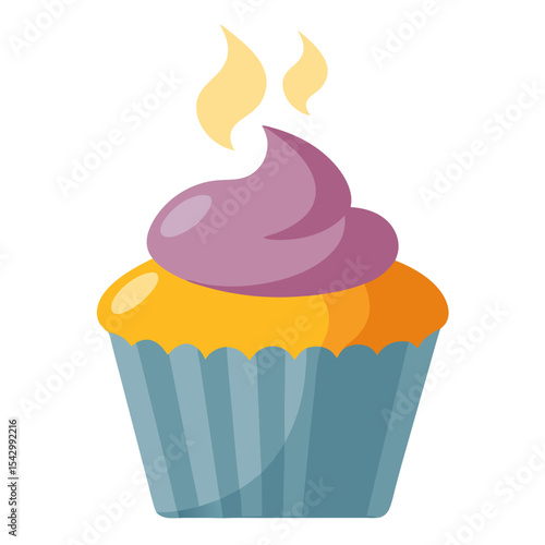 a cupcake with purple swirled frosting, yellow flames on top, orange cake base, and a teal paper wrapper.