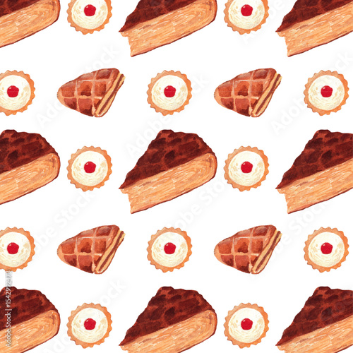 Seamless Watercolor Pattern with Kouign-Amann, Chausson aux Pommes, and Jam Tart – French Pastry Illustration. Hand-painted watercolor pattern. Ideal for packaging, fabric design, café decor, bakery