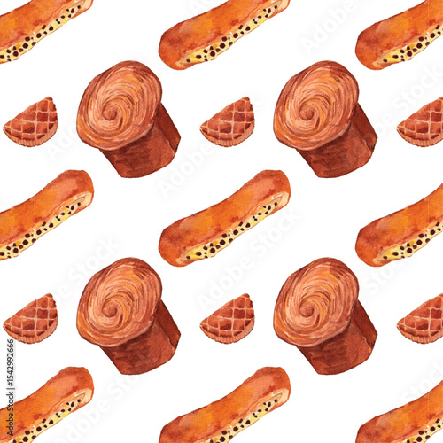 Gourmet pastries watercolor pattern: Flaky Brioche, Brioche Feuilletée, Swiss Roll Pain Suisse, Apple Turnover Chausson aux Pommes. Cuisine food hand painted background. Realistic cozy cute style.