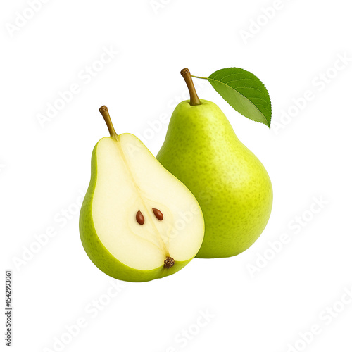 Sweet Pear Duo: A pair of fresh, ripe pears, one halved to reveal its juicy core, evoking a sense of natural sweetness and vibrant freshness.