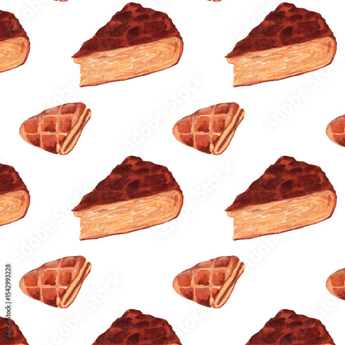 Kouign-amann, Apple Turnover (Chausson aux Pommes) watercolor pattern.  Sweet, round Breton  pastry and apple desserts background. Cute cozy realistic watercolor style. Food cuisine wallpaper. 
