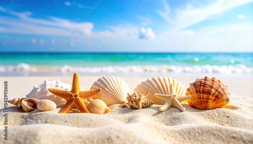 Seashells and Starfish on Sandy Beach Summer Vacation. Seashells and Starfish on Sandy Beach Summer Vacation.