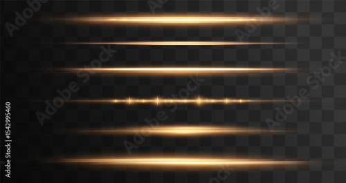 Line light with gold stars and yellow rays in motion forms horizontal sparkle stripes. Bright, glowing, and dynamic perfect Overlay for abstract, festive vector effects.