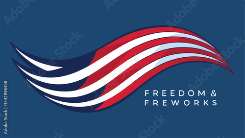 Stylized american flag wave design with freedom and fireworks text on a blue background design element