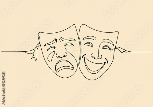 Continuous line drawing of comedy and tragedy theatrical masks on a light beige background