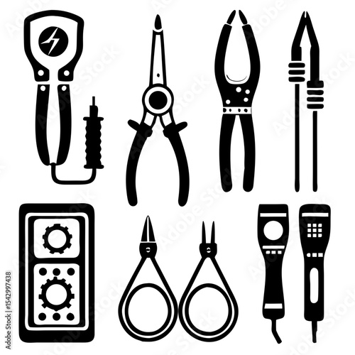 Power tools like a drill circular saw angle grinder and jackhammer shilouette
