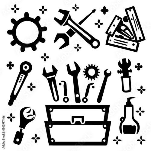 Power tools like a drill circular saw angle grinder and jackhammer shilouette
