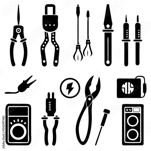Power tools like a drill circular saw angle grinder and jackhammer shilouette

