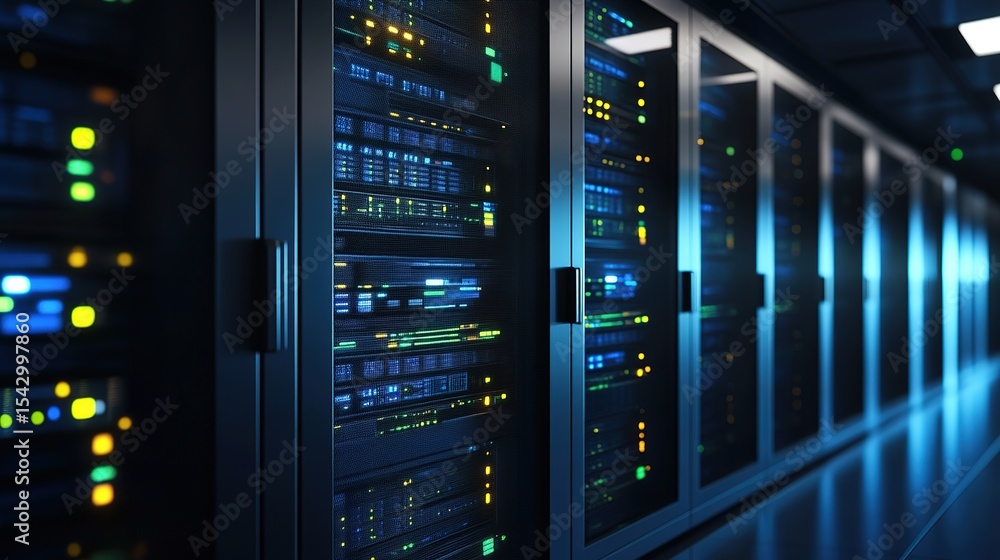 A modern data center with rows of server racks illuminated by colorful LED lights in a high-tech, secure environment. A modern data center with rows of server racks illuminated by colorful LED lights in a high-tech, secure environment.