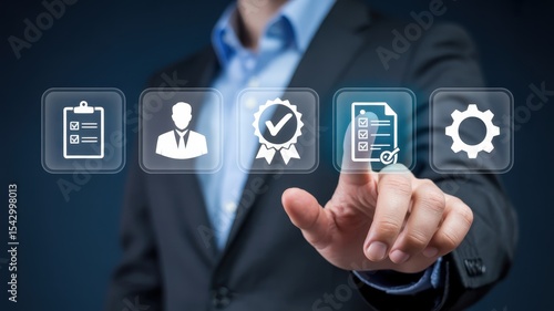 A person interacts with digital icons representing business processes.