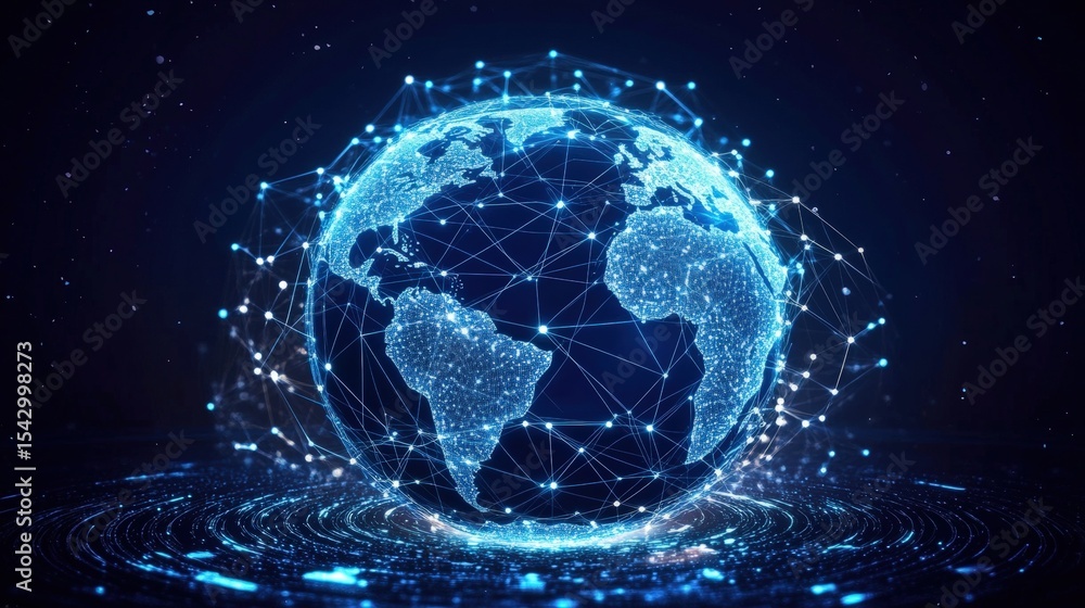 Obraz premium Digital globe with interconnected nodes represents global network, data exchange, and advanced technology in a futuristic space setting.