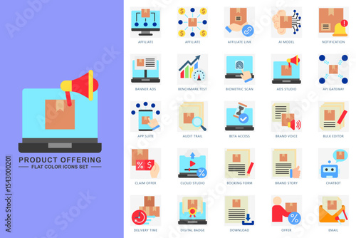 Product offering flat color icons set. contain affiliate, ai model, notification, chatbot, email, download and more. use for modern concept, print, UI, UX kit, web and app development. Vector EPS 10