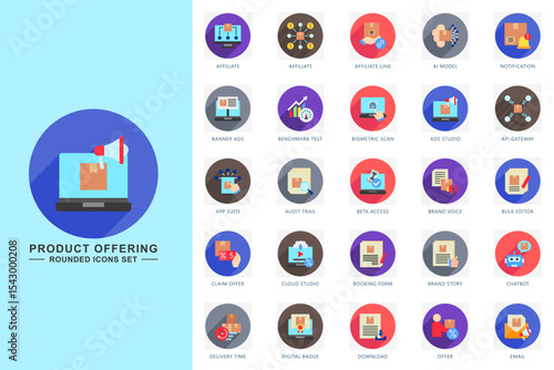 Product offering rounded icons set. contain affiliate, ai model, notification, chatbot, email, download and more. use for modern concept, print, UI, UX kit, web and app development. Vector EPS 10