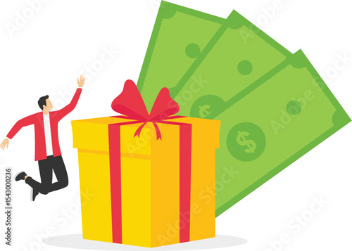 Loyalty and Referral Marketing Program. man and Man Standing near Gift Box and Collecting Cash Back Bonuses. Online Reward. present box, gold coins, Consumer reward. Vector Illustration. stock illustr