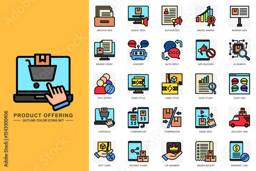 product offering outline color icons set. contain archive box, audio tool, ai search, checkout, vip member and more. use for modern concept, print, UI, UX kit, web and app development. Vector EPS 10