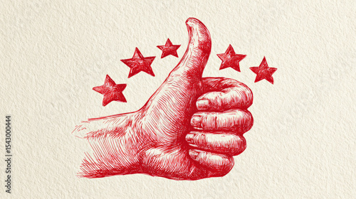 A hand-drawn vector graphic of a five-star thumbs up, signifying a high rating or favourable comments. Ideal for business marketing materials, reviews, and testimonials.