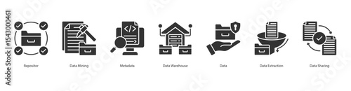 Data Infrastructure banner web icon set vector illustration concept with icon of repositor, data mining, metadata, data warehouse, data, data extraction, data sharing