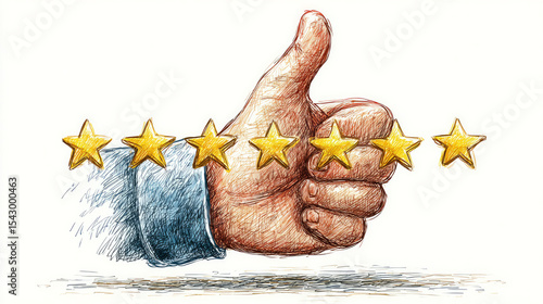 A hand-drawn vector graphic of a five-star thumbs up, signifying a high rating or favourable comments. Ideal for business marketing materials, reviews, and testimonials.