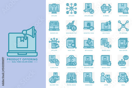 Product offering dual tone icons set. contain affiliate, ai model, notification, chatbot, email, download and more. use for modern concept, print, UI, UX kit, web and app development. Vector EPS 10