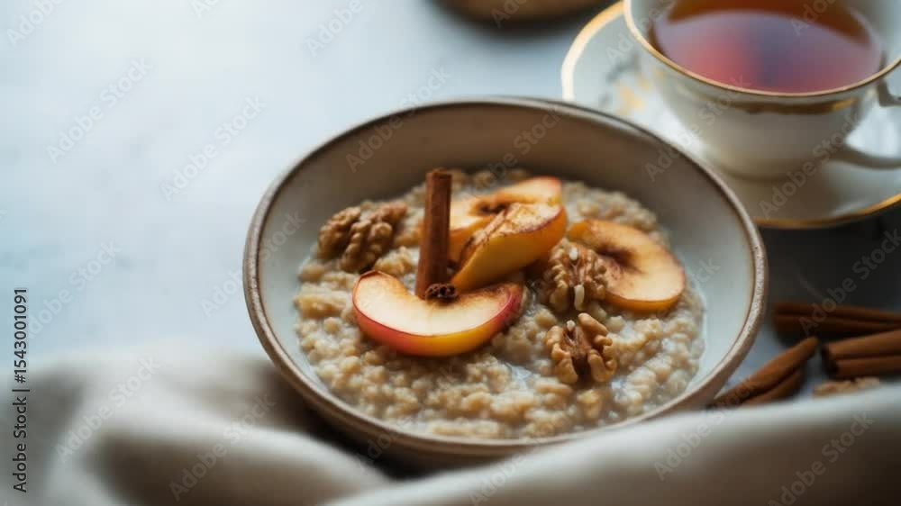 Cozy Autumnal Breakfast: Oatmeal with Apples, Walnuts, and Cinnamon Sticks Cozy Autumnal Breakfast: Oatmeal with Apples, Walnuts, and Cinnamon Sticks
