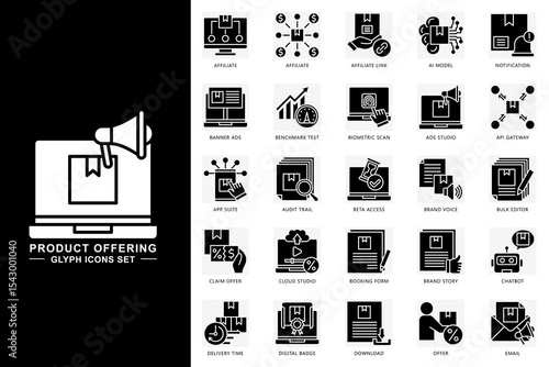 Product offering glyph icons set. contain affiliate, ai model, notification, chatbot, email, download and more. use for modern concept, print, UI, UX kit, web and app development. Vector EPS 10