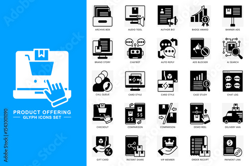 Product offering glyph icons set. contain affiliate, ai model, notification, chatbot, email, download and more. use for modern concept, print, UI, UX kit, web and app development. Vector EPS 10