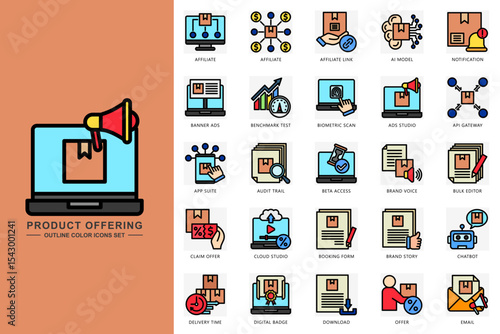 Product offering colored icons set. contain affiliate, ai model, notification, chatbot, email, download and more. use for modern concept, print, UI, UX kit, web and app development. Vector EPS 10