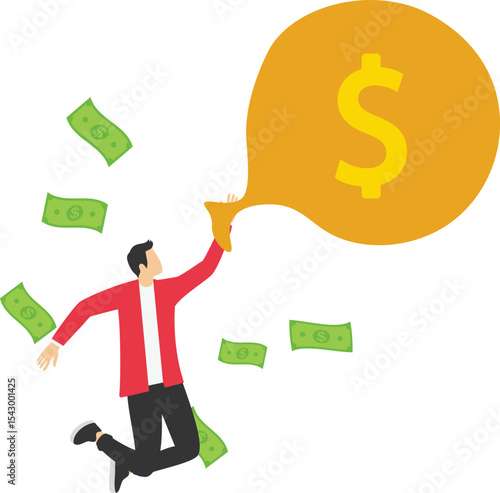 Happy millionaire character sitting on a pile of money bags, money flying around him, businessman has a lot of money colorful vector Illustration stock illustration

