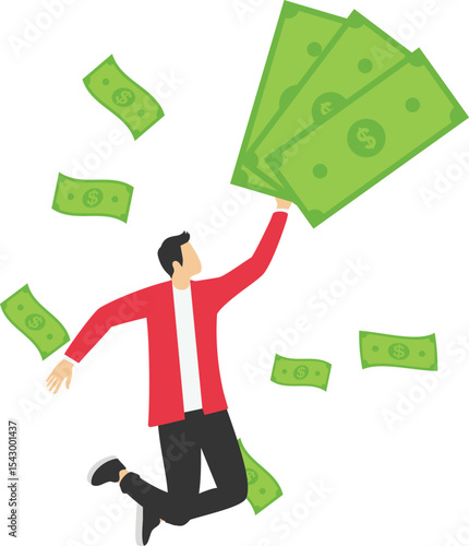 Happy millionaire character sitting on a pile of money bags, money flying around him, businessman has a lot of money colorful vector Illustration stock illustration

