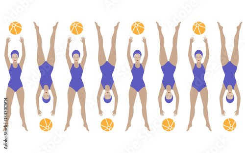 Beach ball player women, seamless border design element.