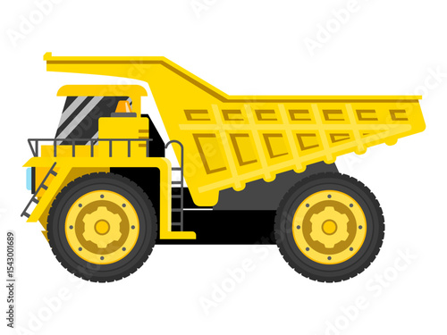 yellow dump truck, coal truck, Heavy-duty mining dump truck, flat icon vector illustration isolated on white background. Construction vehicle for mining and quarry industry minerals, big wheel