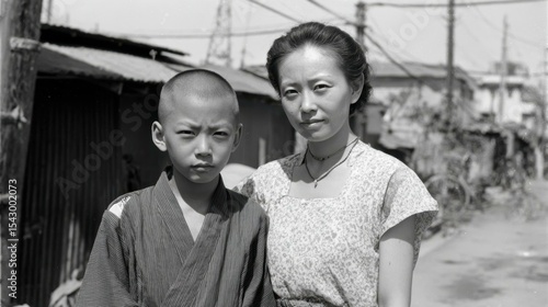 昭和の下町に立つ母と息子、戦後の生活の記録